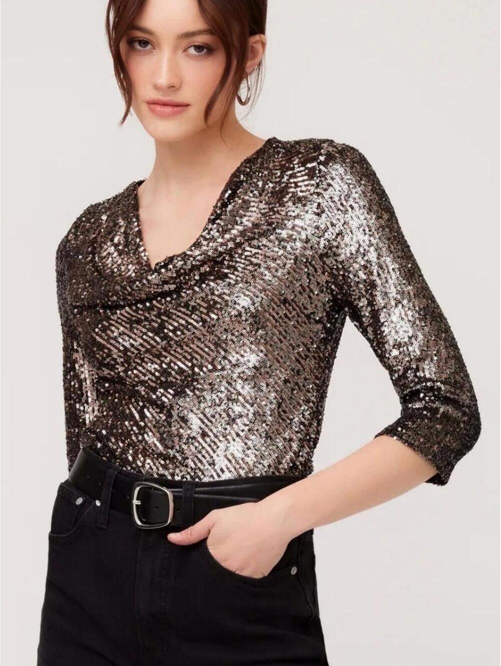 Fifteen Twenty Sequin Blouse Cowl Neck Gold Black L